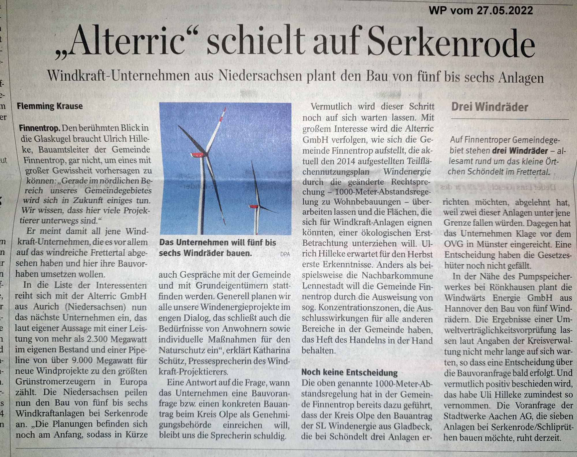 Presseartikel - Gegen Windkraft im Frettertal